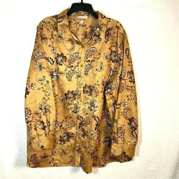 Woman Within Plus Size 2X (26-28) Faux Suede Moleskin Button Shirt Top Brown Tan - Picture 2 of 12